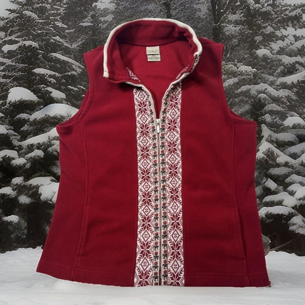 Vtg L.L. Bean Holiday Vest Sleeveless Zip Up Women Medium Red Nordic Fair Isle